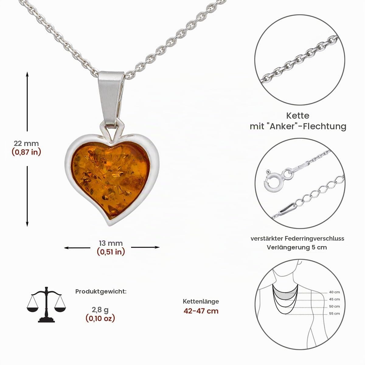 Damen Halskette mit Bernstein, Poliertes Sterling Silber, Baltischer Bernstein in Cognac Farbe, Silber Anhänger Bernstein Herz Größe S mit Kette