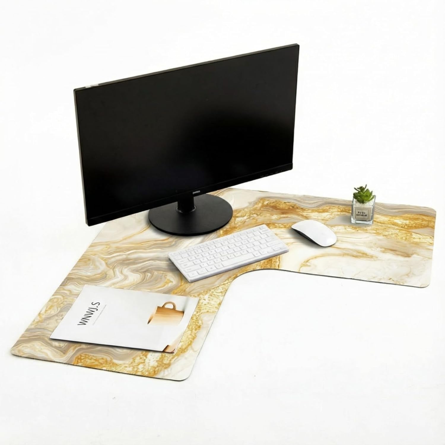 Relaxweex L Shaped Desk Mat for Corner, Large Extended Mouse Pad with Non-Slip Rubber Base, Gold Waterproof Desk Protector for Office & Gaming Setup