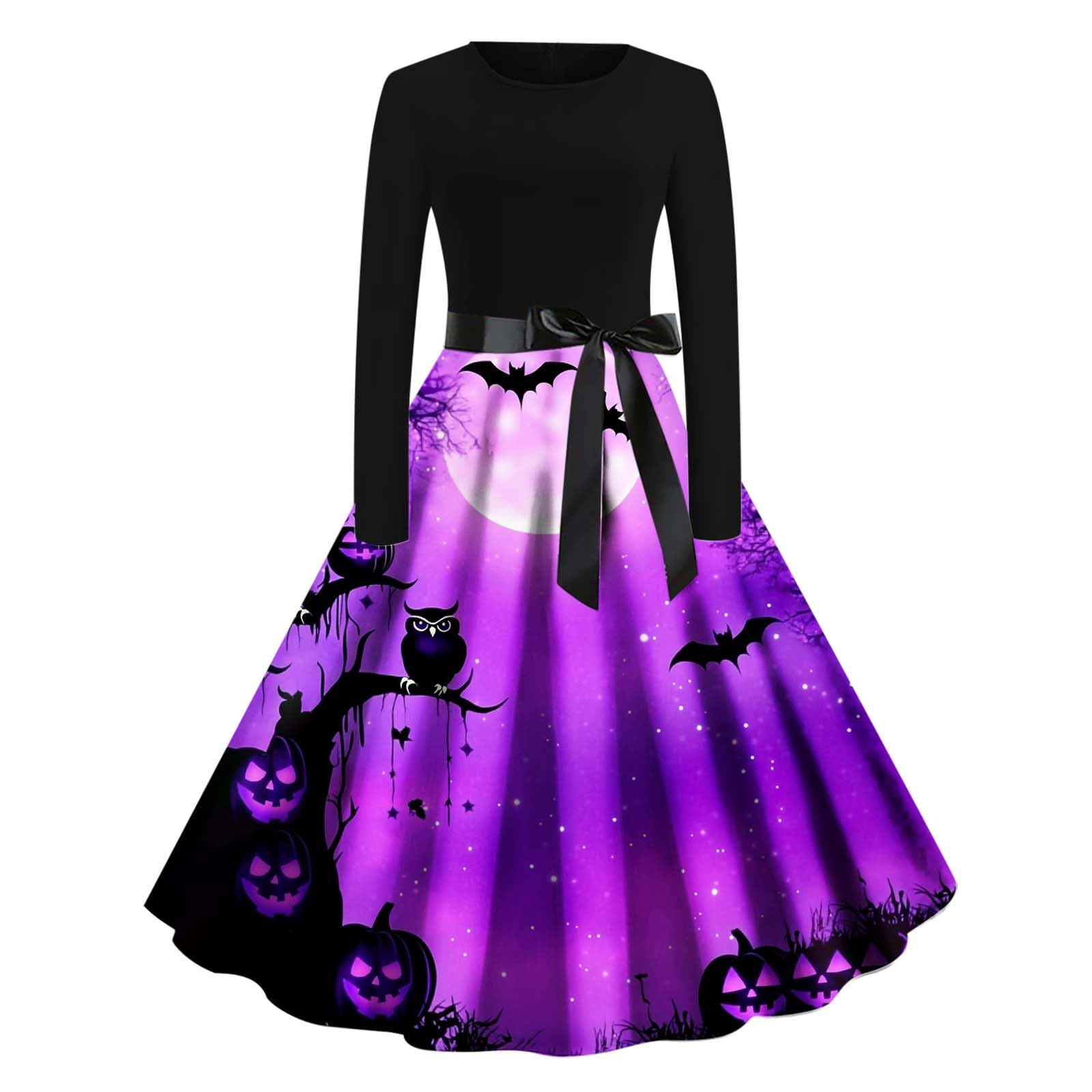 HAOLEI Halloween Costumes Adult Women, Ladies Halloween Dress Retro Pumpkin Skeleton Print Long Sleeve A Line Swing Dress Black Vintage Skull Witch Rockabilly Party Cocktail Novelty Dresses