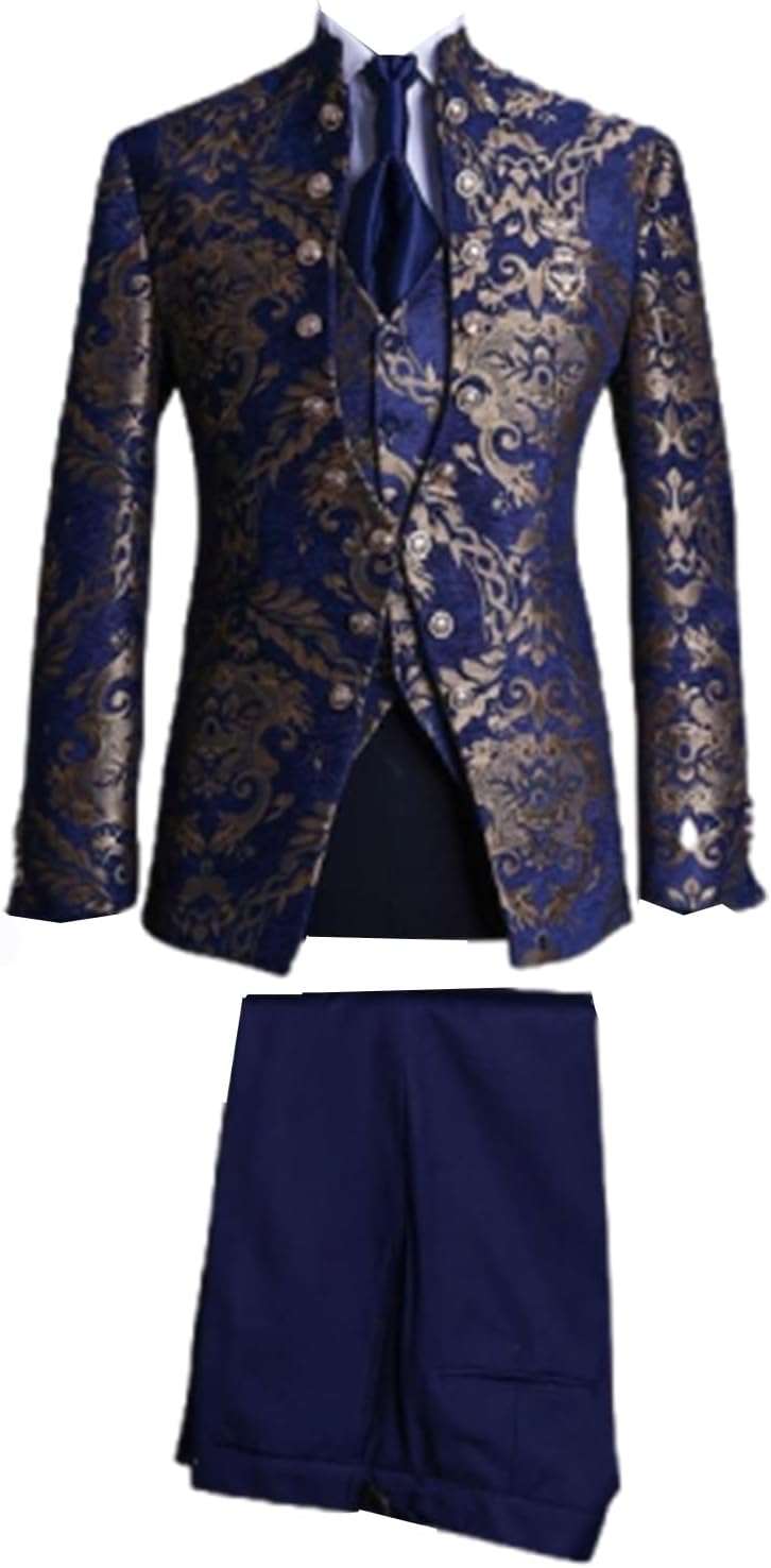 Men's 3-Piece Stand Collar Suit Jacquard Jacket Vest with Pants Tuxedos Formal Party Prom