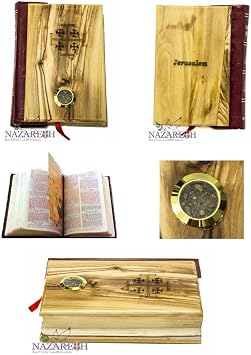 Hand Carved Olive Wood Millennium Bible with Holy Soil Jerusalem Cross Holy Land