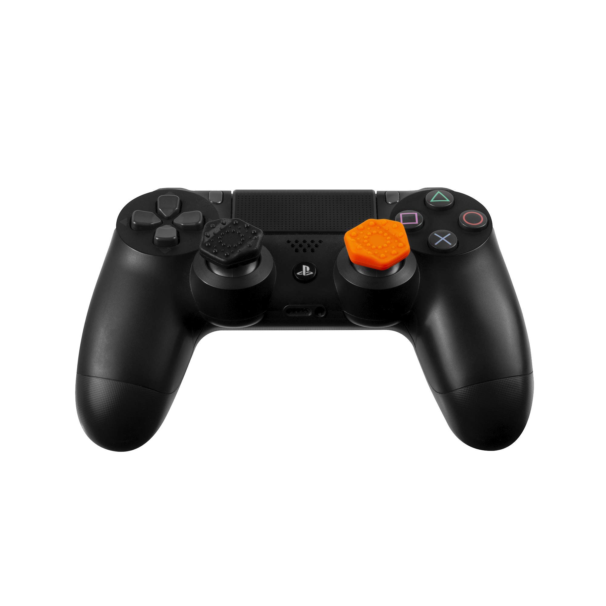 Image secondaire de Konix Mythics Pack de 4 appuie-pouces antidérapants pour joysticks manettes DualShock PS4 - Silicone renforcé - Noir et orange