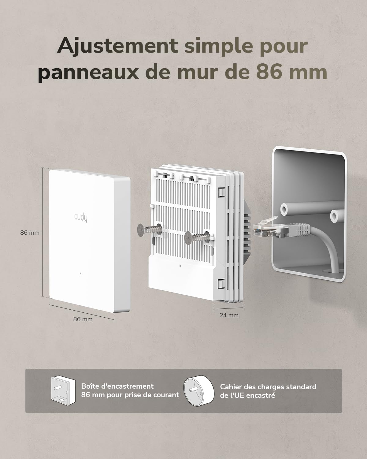 Cudy AX3000, Point d'accès WiFi 6 Mural, 2,5 GbE PoE, AP3000E Wall | 2402 + 574 Mbps, 540 pieds carrés, plus de 60 clients, alimentation conforme à la norme IEEE IEEE 802.3at, portail captif