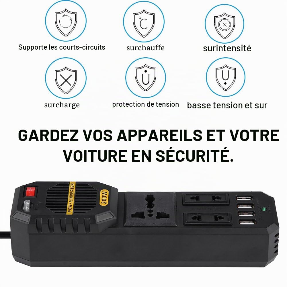 Keenso Mini Onduleur 200W, Converter Convertisseur DC 12V à 220V AC Power Car Inverter Transformateur de Tension de Voiture avec 4 Allume-Cigare de Port USB Inverseur de Voiture