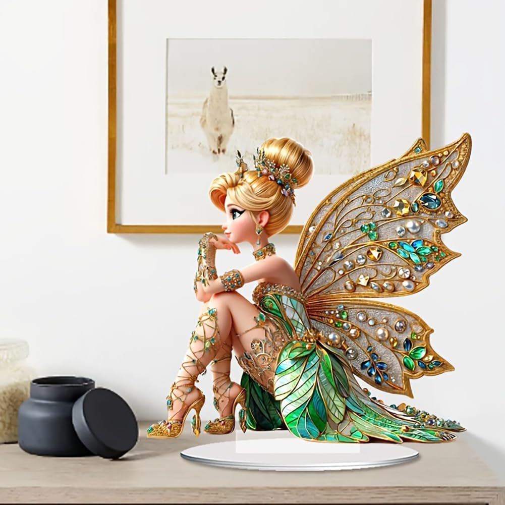 Mini Table Flower Fairy Statue Figurine Ornament Butterfly Fairy with Diamond Home Fairy Garden Decor 2D Acrylic Bookshelf Windowsill Bonsai Landscaping Resin Decor (not a 3D stereoscopic one) - Image 6