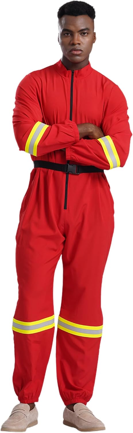 Linjinx Men's Halloween Firefighter Cosplay Jumpsuit Costume with Belt Stand Collar Long Sleeve Bodysuit