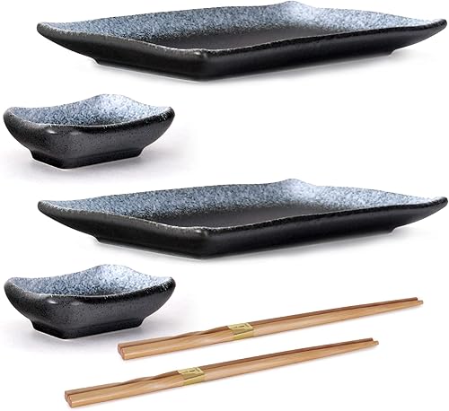 Hinomaru Collection Juego de 6 platos de sushi rectangulares con diseño de flor de porcelana esmaltada reactiva, plato de sushi y palillos para dos