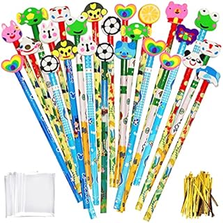 25 Pcs Cartoon Pencils with Rubbers Erasers for Children, Wieat Wooden Graphite Pencils Set, Party Bag Fillers for Kids, School Stationery Party Reward Supplies for Students(Color/Style Random)