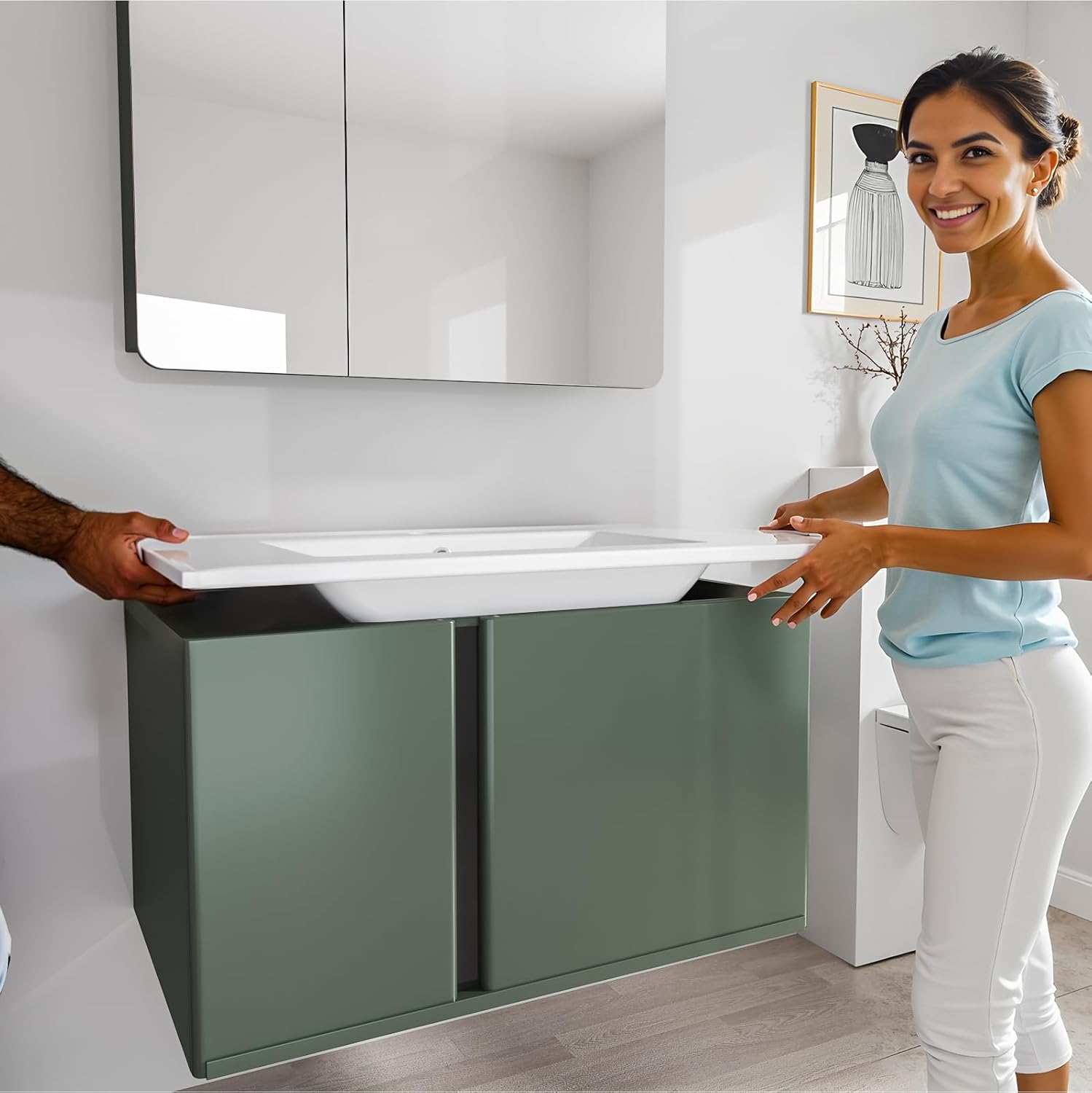 30'' Vanity Sink Top,Bathroom Undermount Ceramic Sink Top W/One Hole, Rectangular Porcelain Sink Basin,Overflow Drain,White
