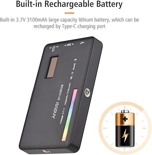 Miniatura 7 de Andoer Luz de video LED RGB W140, panel de luz de cámara LED 2500K-9000K regulable recargable fotografía luz de relleno para Vlog transmisión en