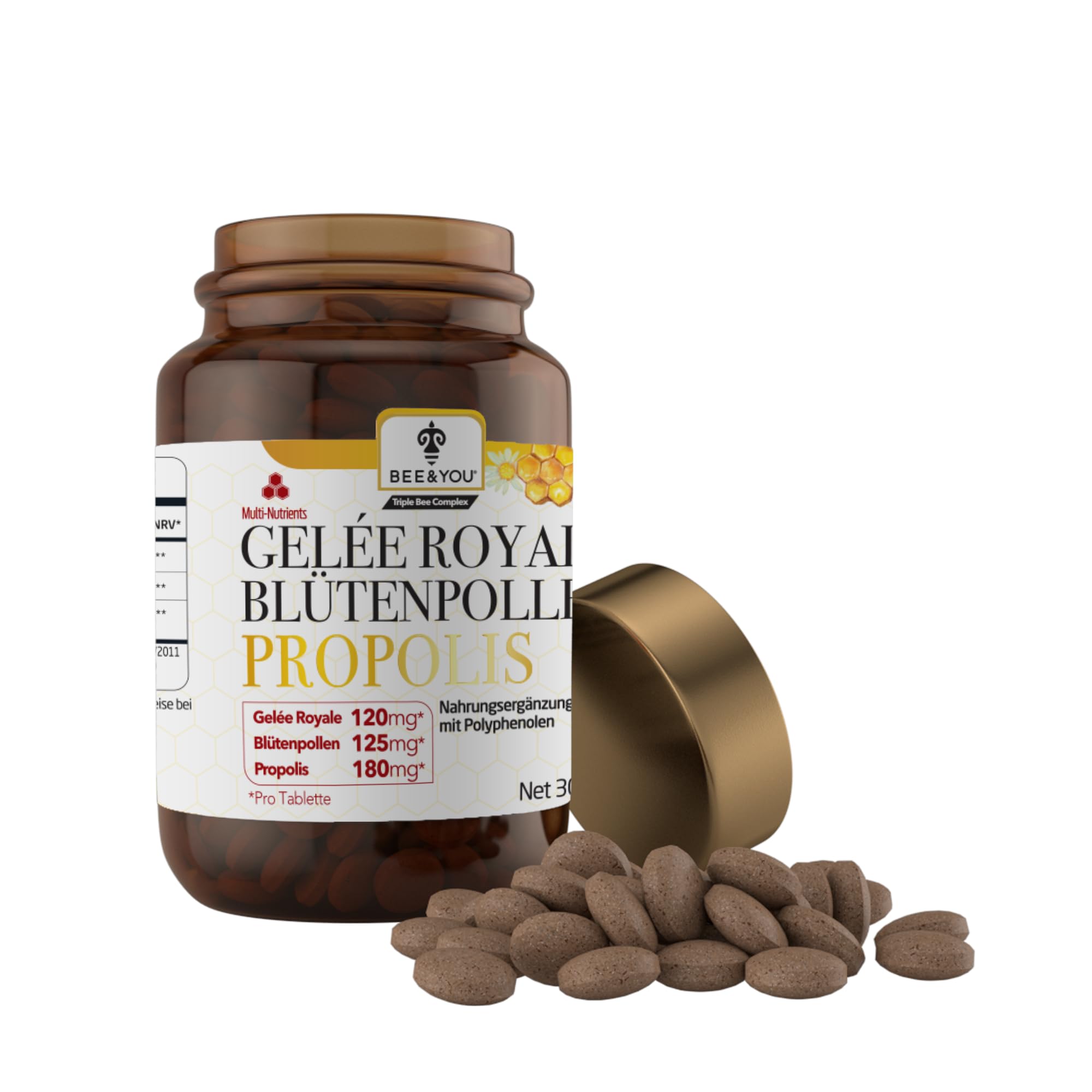 Bee&You Propolis,Gelée Royale,Blütenpollen Tabletten 500mg (60 Tabletten,Keine Zusatzstoffe,Fairer Handel,100% natürlich,ohne Zusatzsstoffe,hochdosiert, Schutzharz der Bienen,Kapseln,lange haltbar)