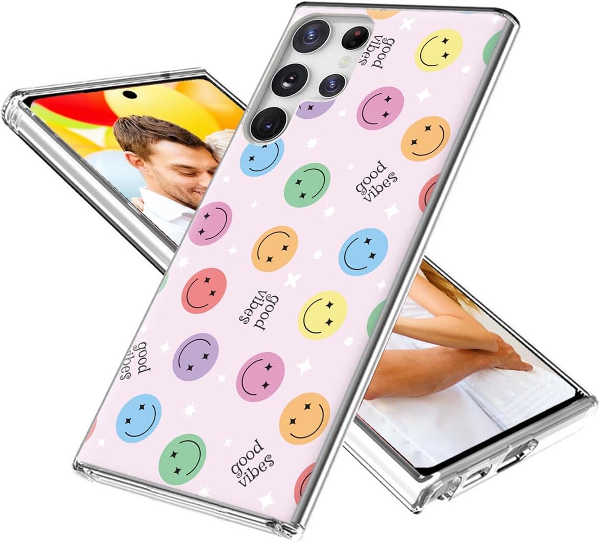 for Galaxy S23 Ultra Case,Samsung S23 Ultra Case for Girl Women Men, Thin Slim Soft TPU Clear Protective Phone Case Cover with Design for S23 Ultra,Cute Cartoon Happy Smile Face Good Vibes