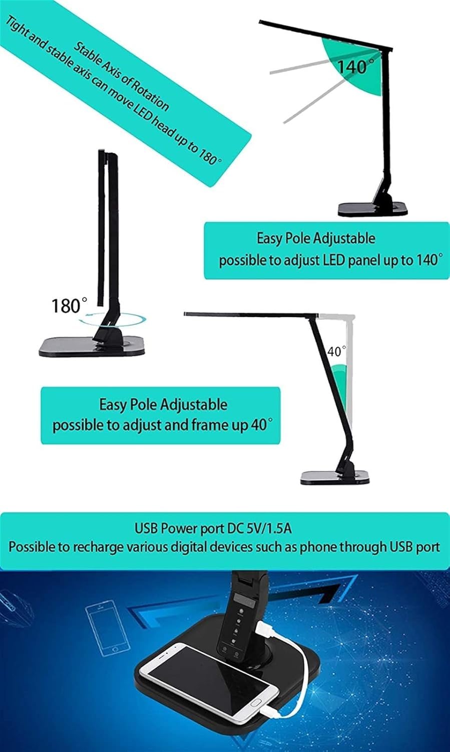 Lampy stołowe – lampa biurkowa LED z pielęgnacją oczu, składana konstrukcja, timer automatycznego wyłączania 60 min, port USB, ściemniane sterowanie dotykowe, 4 tryby oświetlenia, 5 poziomów jasności