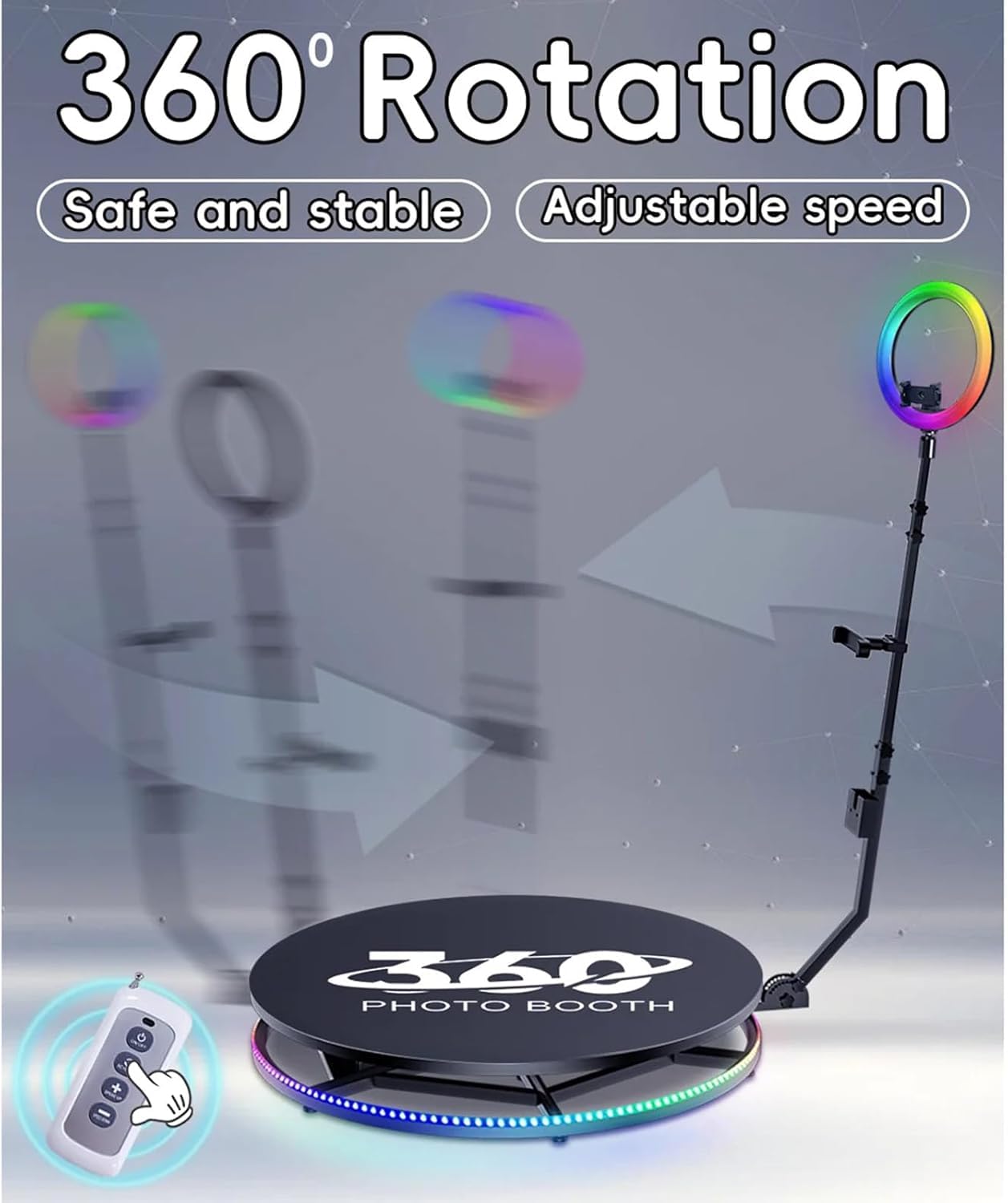 FotoCabina 360° con Telecomando e Custodia, Cabina Video Slow Motion per Feste e Matrimoni, Supporto Multi-Dispositivo e Luce Anello - Strumento Professionale per Eventi e Social Media,100cm