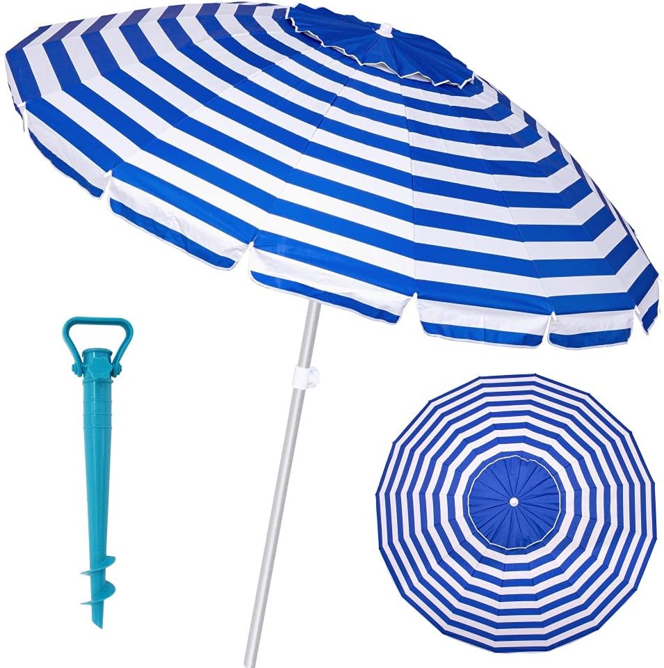 Pack sombrilla de Playa antiviento de Aluminio y Fibra Vidrio, con Soporte de Arena - LOLAhome (240 cm Ø, Azul)