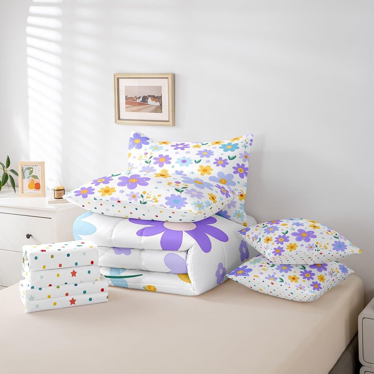 Feelyou Cute Flower 7 Piece Bedding Set Twin Size Kids Cartoon Cute Floral Bed in a Bag for Girls Teens Purple Yellow Comforter Set with Sheets Kawaii Bed Set - Image 3