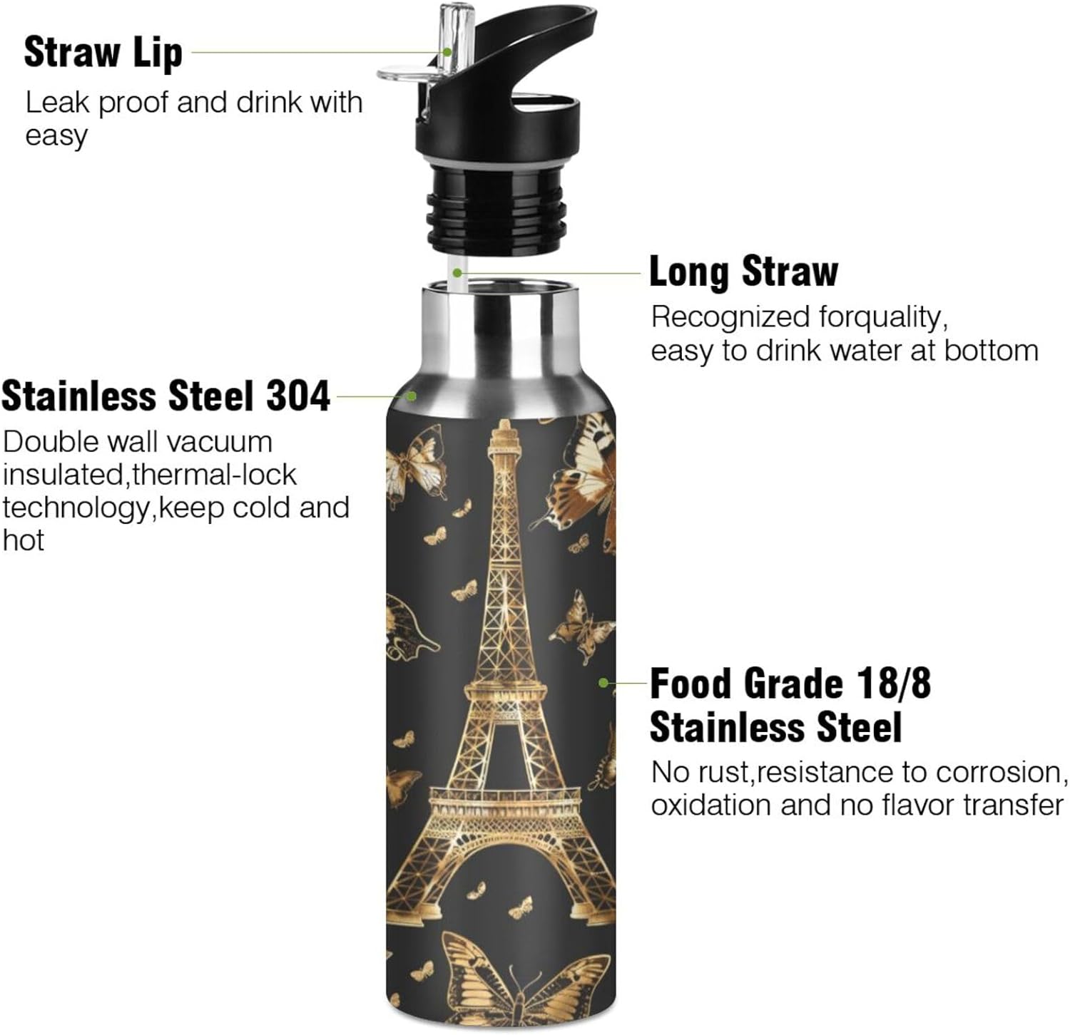 senya 20 Oz Water Bottle with Straw Butterfly Eiffel Tower Stainless Steel Water Bottle for Traveling Sports Leakproof Insulated