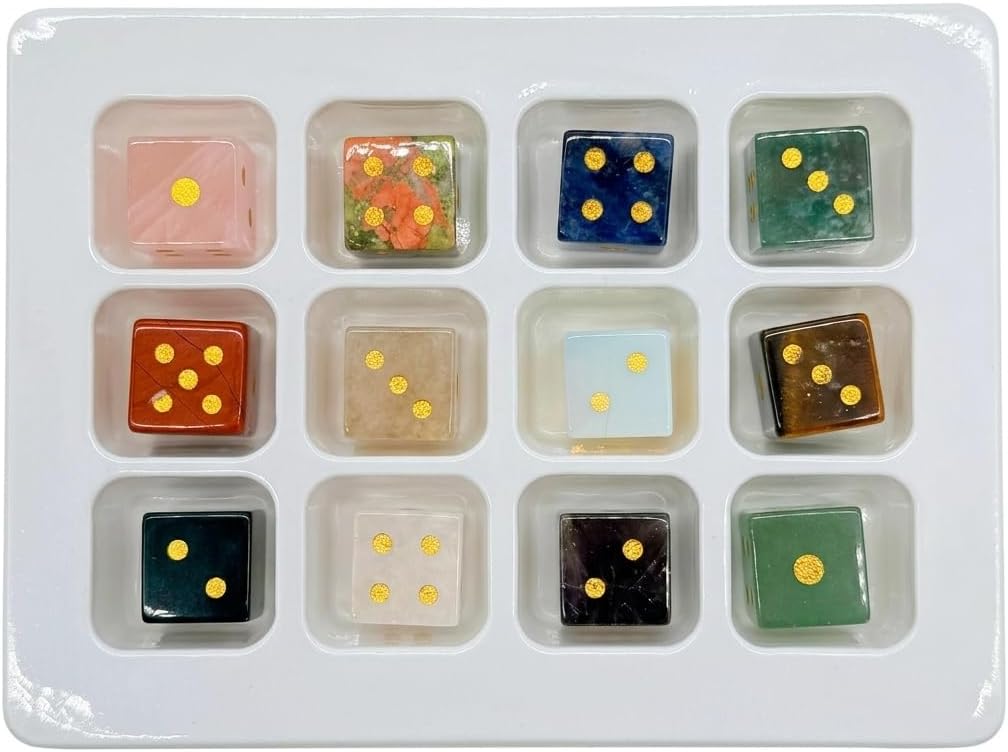 12PCS a Set Natural Crystal Gemstone Dice Set, Multi-Color Semi-Precious Stone Gaming Dice with Gold Pips Home Decor