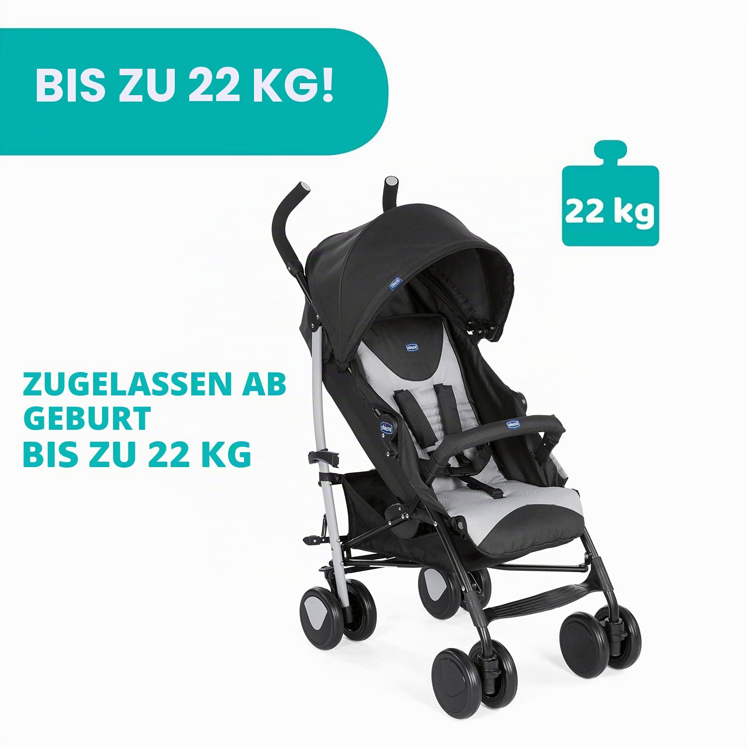 Chicco Echo Leichter Zusammenklappbarer Kinderwagen 0-22 kg Kompakter Buggy mit Frontbügel Schlafposition Regenschirmverschluss Verstellbarer Sonnenschirm