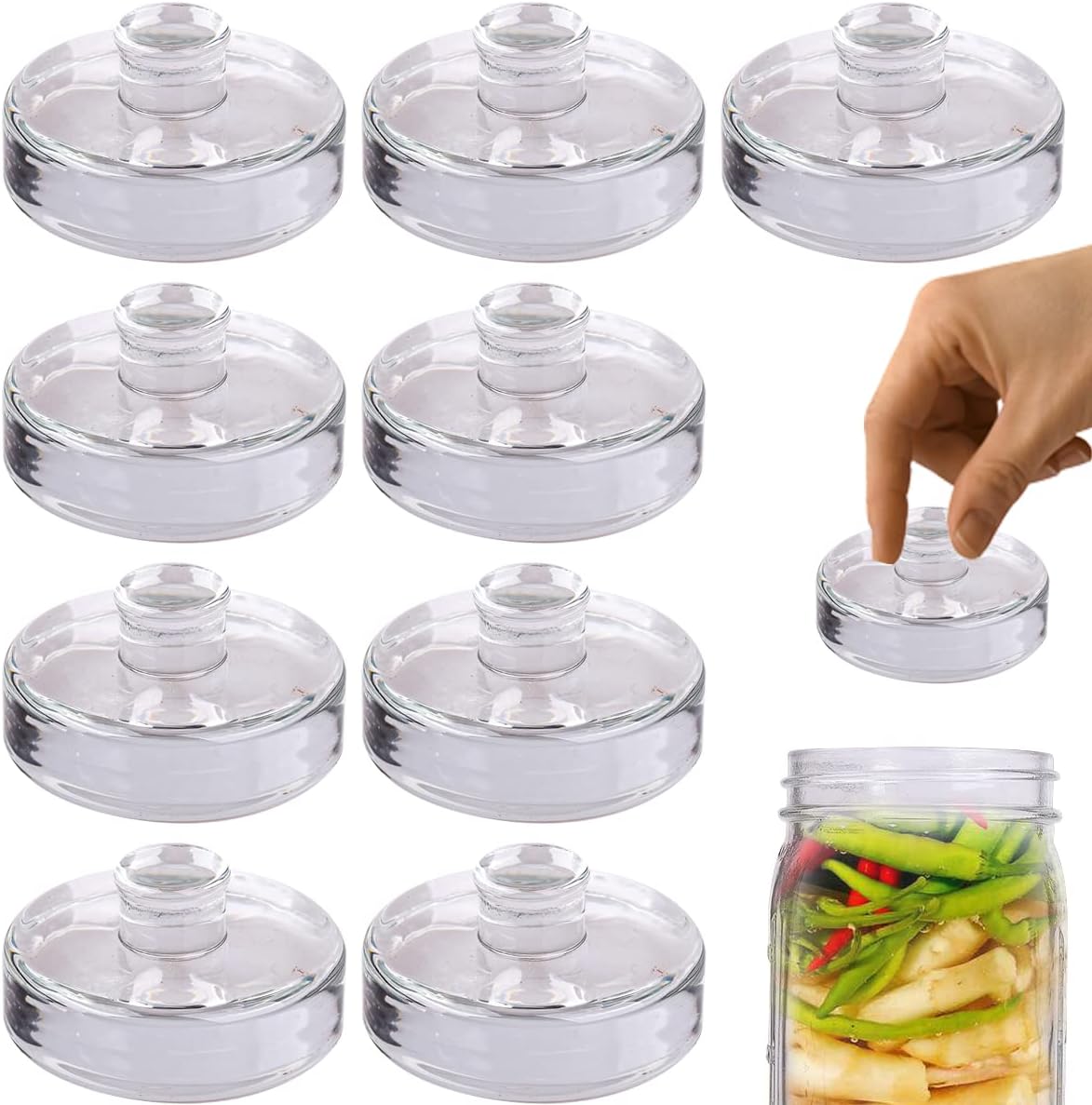 Eleganttime 9 Pack Glass Fermentation Weights with Easy Grip Handle, Heavy Fermenting Lids Canning Weight Kit for Wide Mouth Pickling Mason Jars