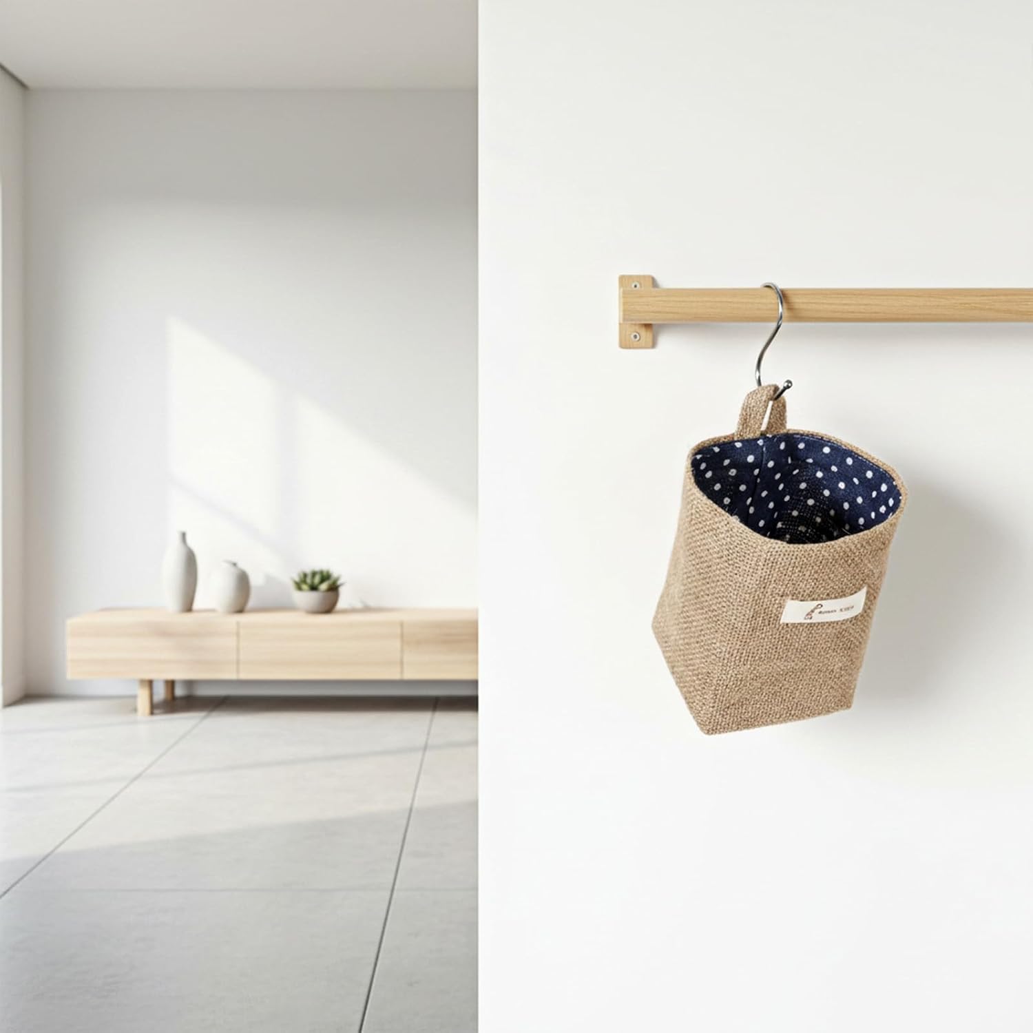 2 Pack Hanging Basket for Door Jute Hanging Wall Storage Baskets, Small Linen Wall Organizer for Keys, Wallets, Plants, Boho Decor with Hooks