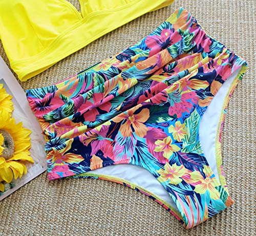 Sporlike Women Ruffle High Waist Swimsuit Two Pieces Push Up Tropical Print Bikini (Floral/Yellow 3,Large) #TOP5