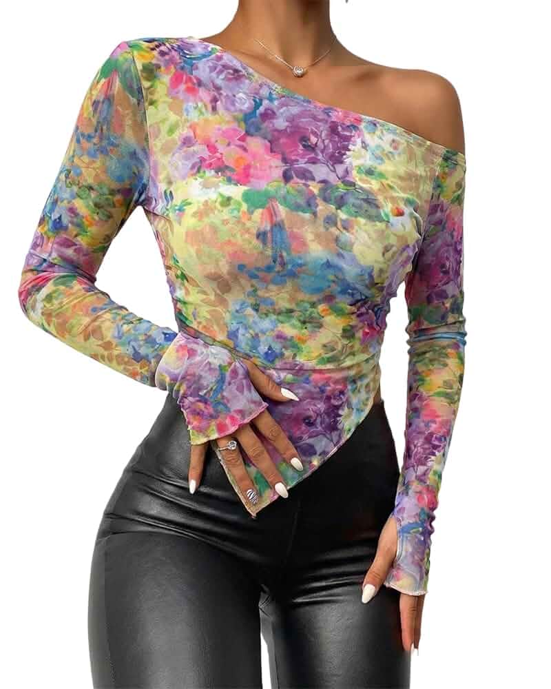 CHICME Womens Floral Mesh Sheer Long Sleeve Tops Sexy Going Out Blouses One Shoulder See Through Fitted Shirt with Thumbhole, Lightweight Stretch Fabric, Asymmetrical Top for Party, Club & Concert