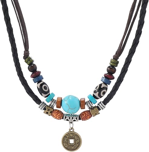 HETICA Gargantilla de cuentas de madera boho en capas occidentales, collar trenzado de flores en forma de corazón, cordón de cáñamo ajustable,