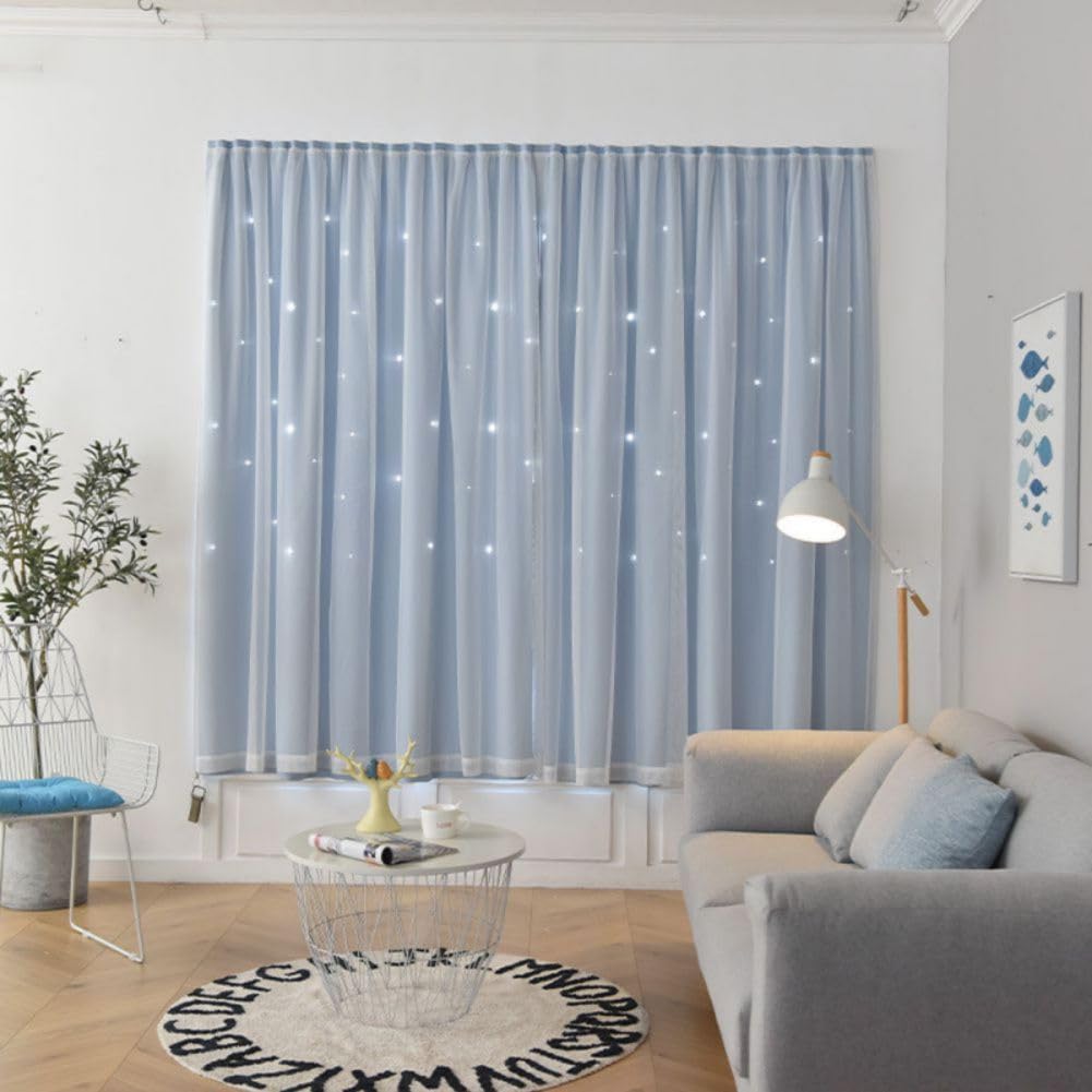 Maritown Self Adhesive Blackout Curtain Stick On No Drilling Window Curtains Double Layer Thermal Insulated Hollow Stars Kids Curtains for Nursery Bedroom Living Room (Blue, 120W x 200H cm)