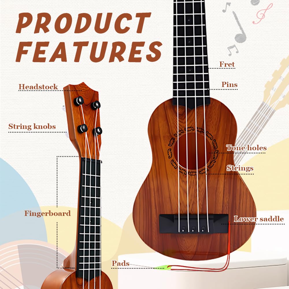 Chitarra per Bambini, 38cm Ukulele Bambini con 4 Corde Regolabili, Chitarra Giocattolo per Bambino Piccoli e Principianti