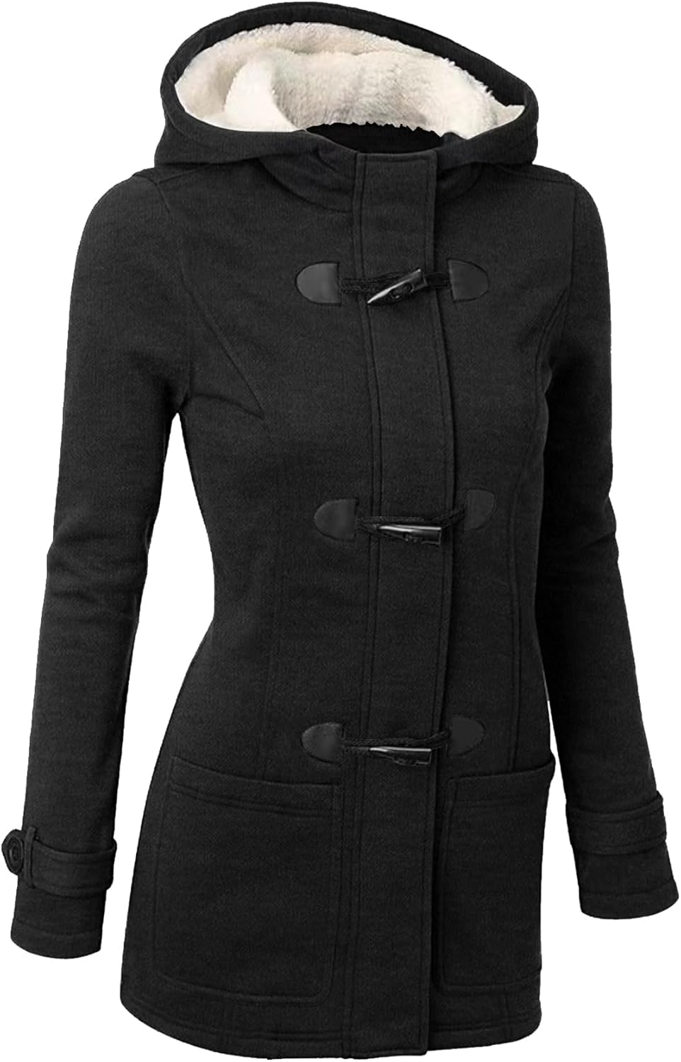 Women Fleece Jacket with Hood Fashion Horn Button Winter Warm Thicken Coat Long Soft Windbreaker Insulated Shells - Image 5