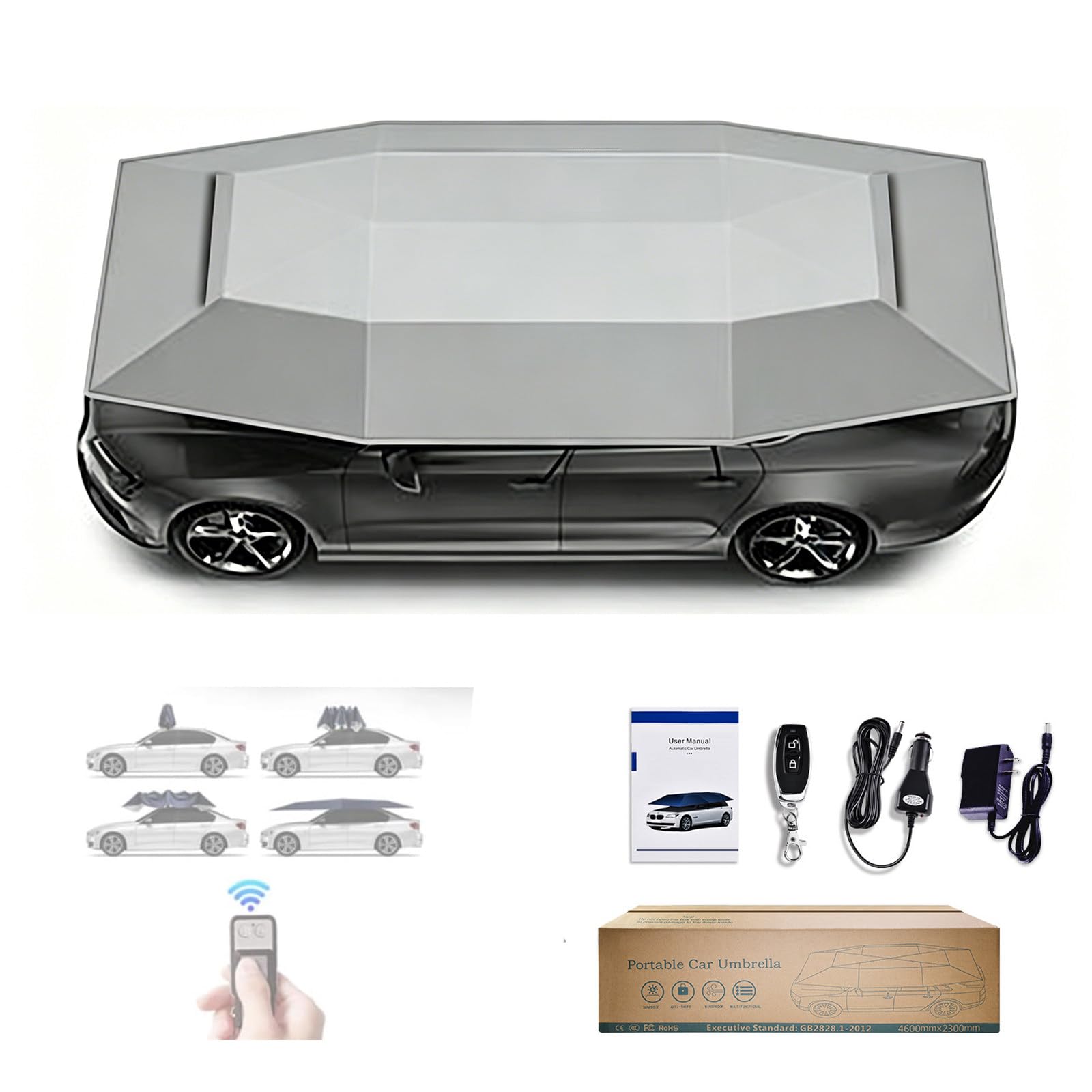 RUODATONLY Automatic Car Umbrella, Auto-Manual 2 in 1 Folding Car Tent with Remote Controller, Carport Canopy Shelter for Most Models, Lightweight and Easy to Carry, 4.6M-Grey
