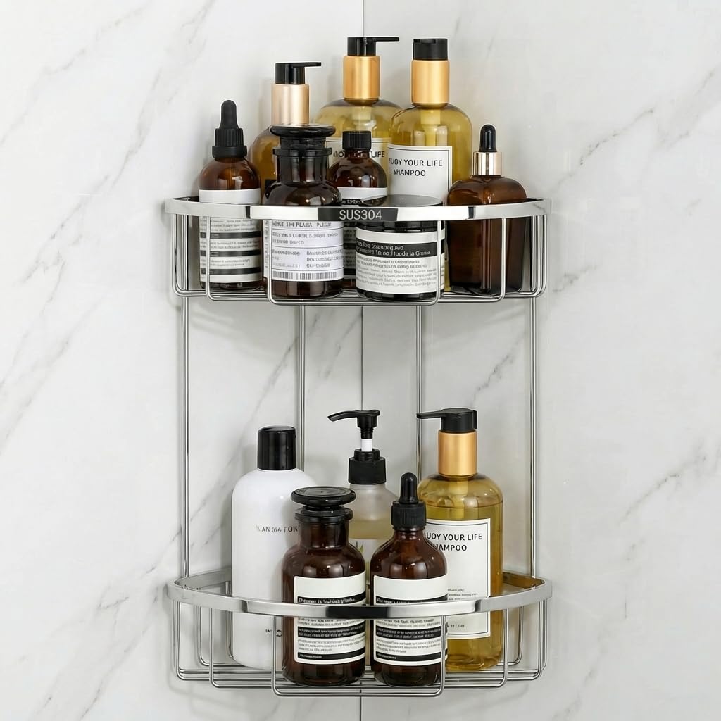 Xygobla Corner Shower Caddy Shower Basket, SUS304 Stainless Steel Shower Caddy Corner Shelves, 2-Tier Chromed Shower Organiser Wall Mounted for Razor Soap & Shampoo Bathroom Kitchen Accessories