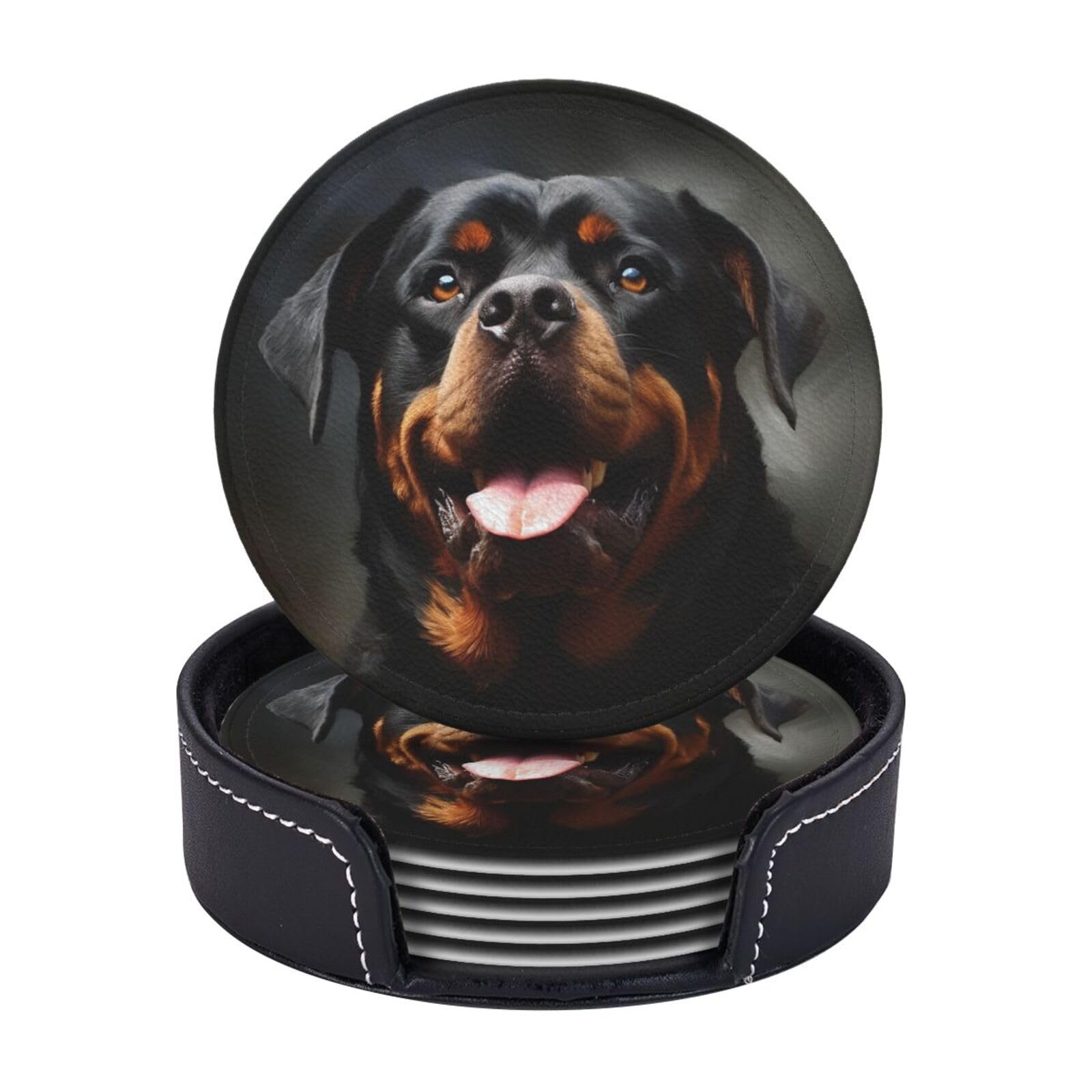 Round Coasters for Drinks Set of 6 - PU Leather Coasters with Holder - Modern Drink Coasters for Coffee Table - Cool Rottweiler Dog Art Coaster for Tabletop Protection 4" Cup Mat Pad