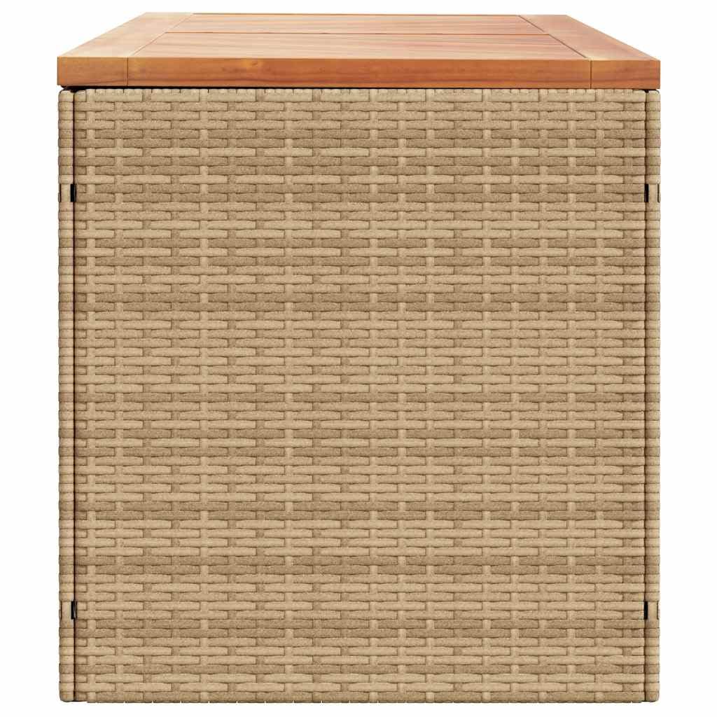 Cassapanca da giardino beige, 220 x 50 x 54 cm, in polyrattan, legno di acacia, resistente alle intemperie, contenitore per cuscini, per terrazze, balconi, esterni, con borsa dell'acqua