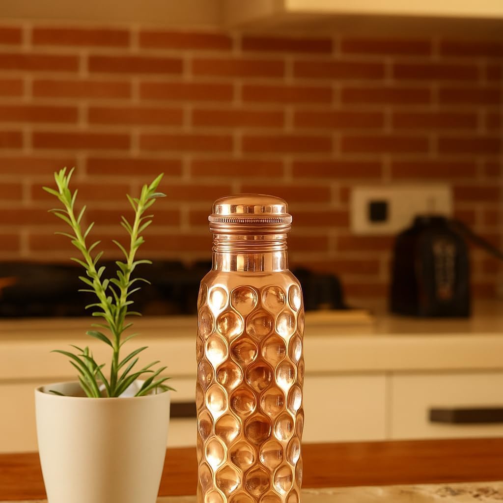 Pure Copper Water Bottle Embossed Honeycomb - 32 oz | Handmade Ayurvedic Copper Vessel for Health & Wellness | Leak-Proof, BPA-Free, Eco-Friendly Gift Bottle