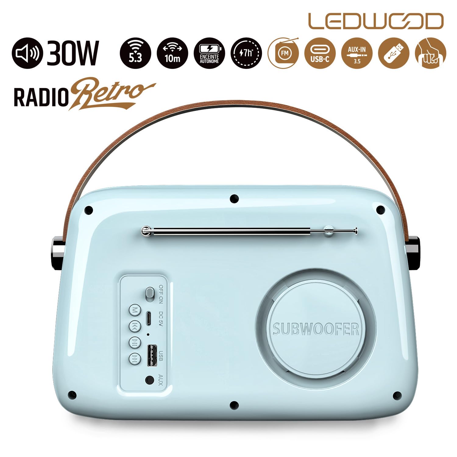 Radio Rétro Portable Ledwood Alma, FM, Bluetooth 5.3 Entrée USB, Puissance 30W - Batterie 3,7V-1500mAh - Retro Vintage - Bleu