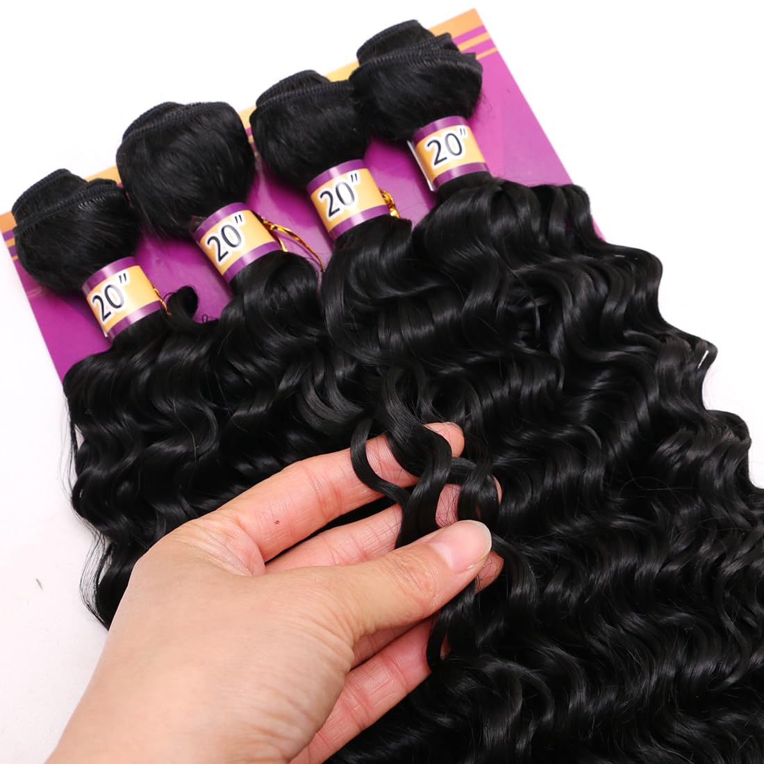 Deep Wave Bundles Synthetic Hair Quick Weave Bundle Curly High Temperature Fiber Hair Extensions for Women Black Color 20 Inches 4Pieces (Color 1B#)