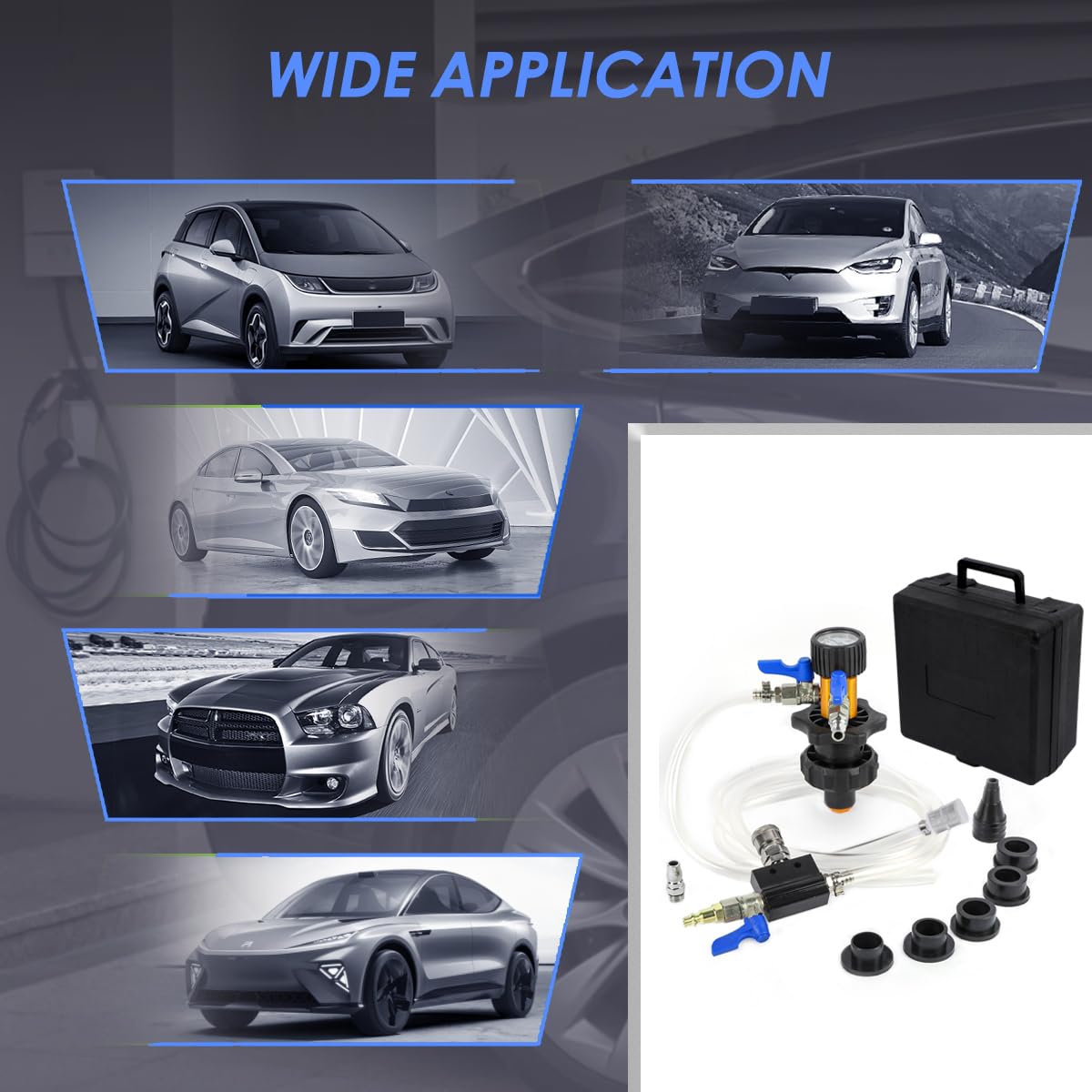 MR CARTOOL Zestaw uzupełniający do układu chłodziwa z 5 adapterami i 2 przyłączami powietrza UE, zestaw do napełniania próżniowego płynu chłodzącego, próżniowy system chłodzenia, tester szczelności