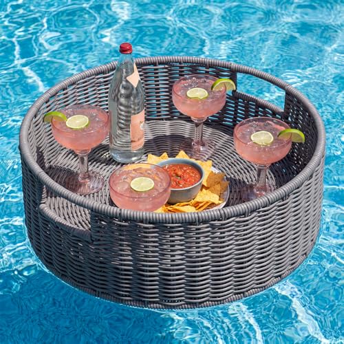 Tiangrid 1 Pcs Wicker Floating Tray for Pool with Suspension Board 11.8 Inch Round Floating Food Holder Table Swimming Serving Tray for Pool Drinks Snacks Beach Party (Grey)