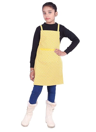 Switchon Cotton Waterproof Polka Dot Waist Adjustable Kids Cooking Apron with a Pockets Kitchen Apron - Yellow and White 52 cm x 40.2 cm (20.47 L X 15.8 W inch)