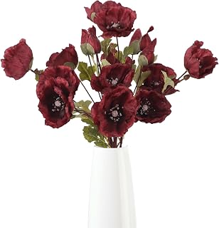 6Pcs Artificial Poppy Flowers Dark Red Fake Poppy Flowers with Long Stems Faux Silk Flowers for Bridal Wedding Bouquets Floral Arrangements Centerpiece Table Home Party Decorations (Dark Red)