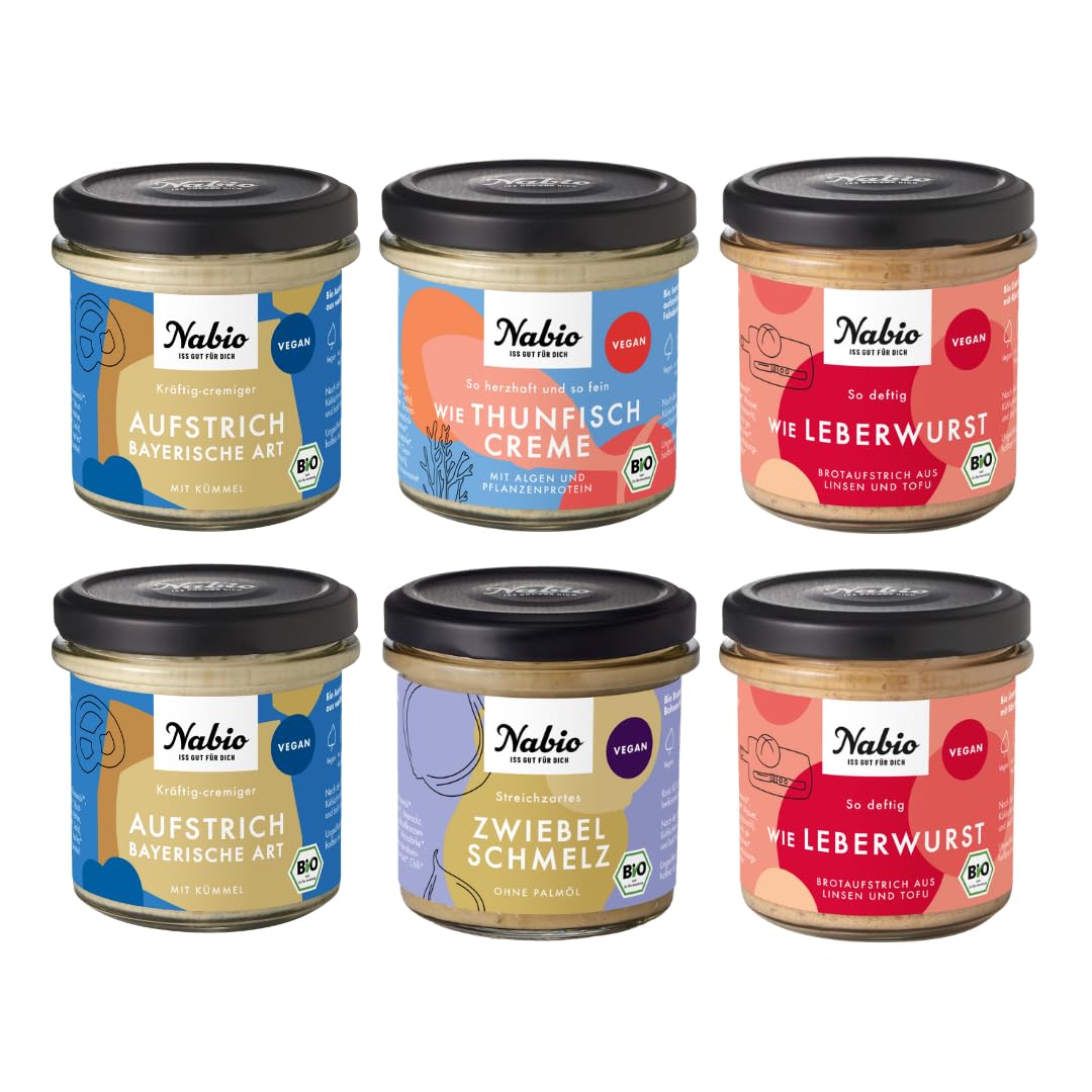 NABIO | Herzhafte Brotzeitbox I 6er Box Bio-Aufstriche I 2x Aufstrich bayerische Art, 2x Wie Leberwurst, 1x Wie Thunfischcreme, 1x Zwiebelschmelz I vegan I (6 x 135g)