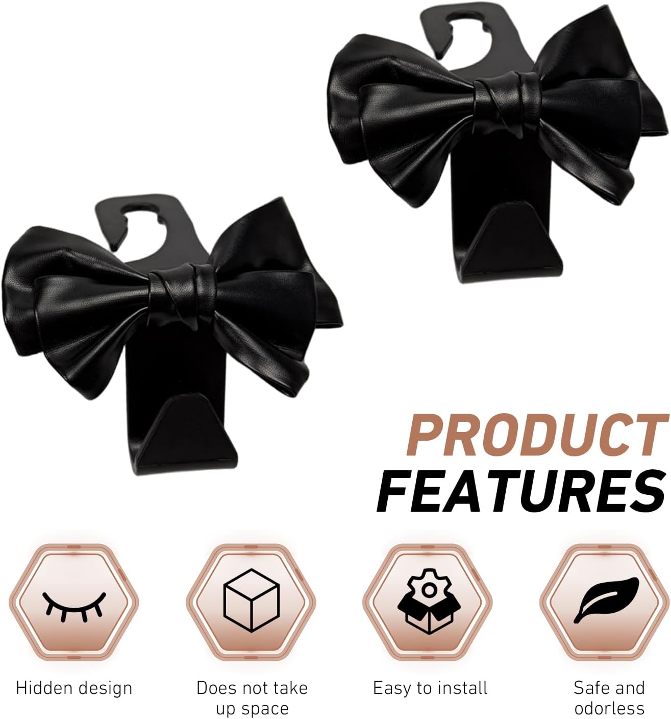 WZP 2PCS Car Seat Headrest Hooks, Cute Bow Leather Auto Purse Hook, Backseat Storage Hooks for Purse Bag Umbrella, Universal Car Interior Decor Accessories for SUV, Sedan (Black) image 3