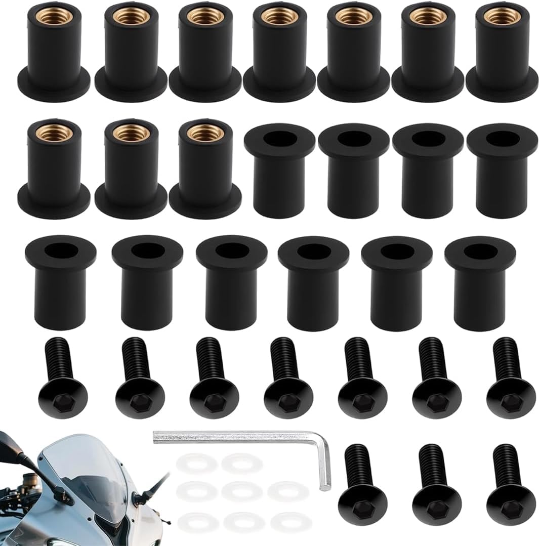 Kit Fissaggio M5 Moto, 10 Pezzi Viti in Alluminio con Dadi in Gomma e Rondelle Trasparenti, Set per Parabrezza e Carene Moto, Accessori di Fissaggio Antivibranti con Chiave a Brugola