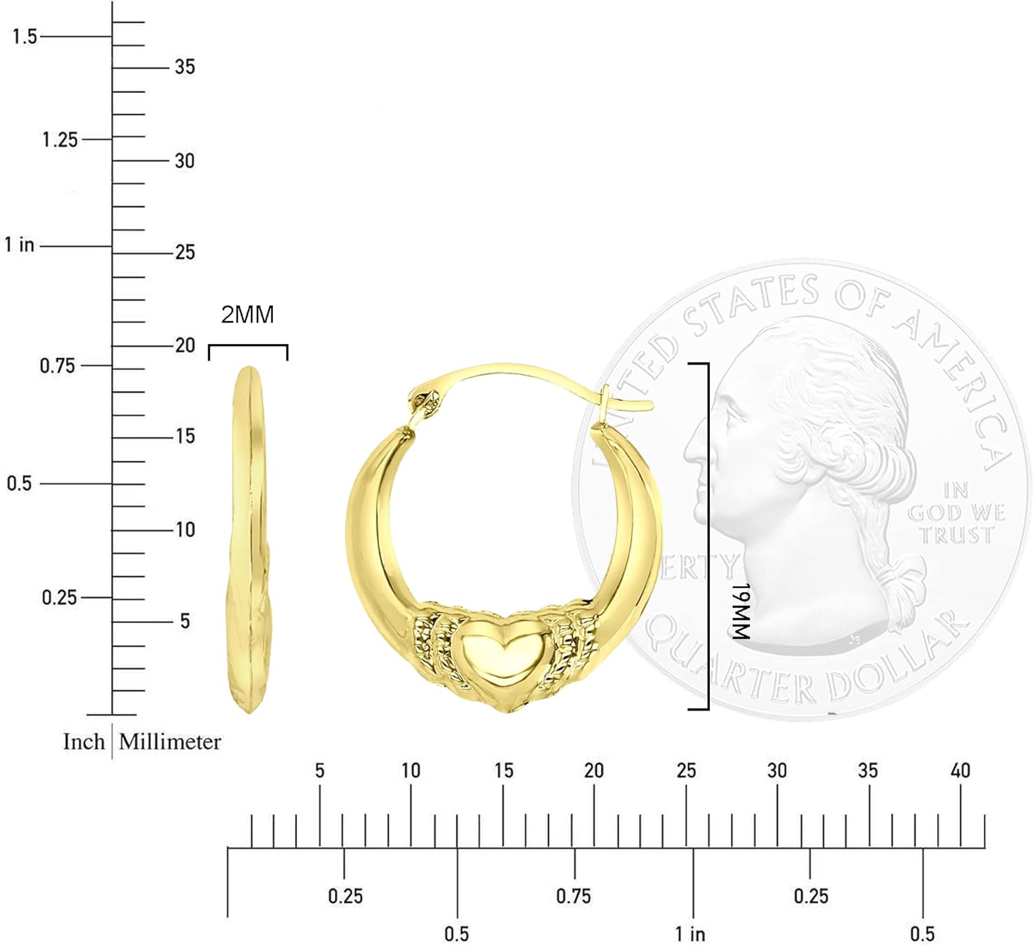 14K Yellow Gold 2x20mm Small Diamond Cut or Swirl Heart Lightweight Hoop Earrings - Image 4