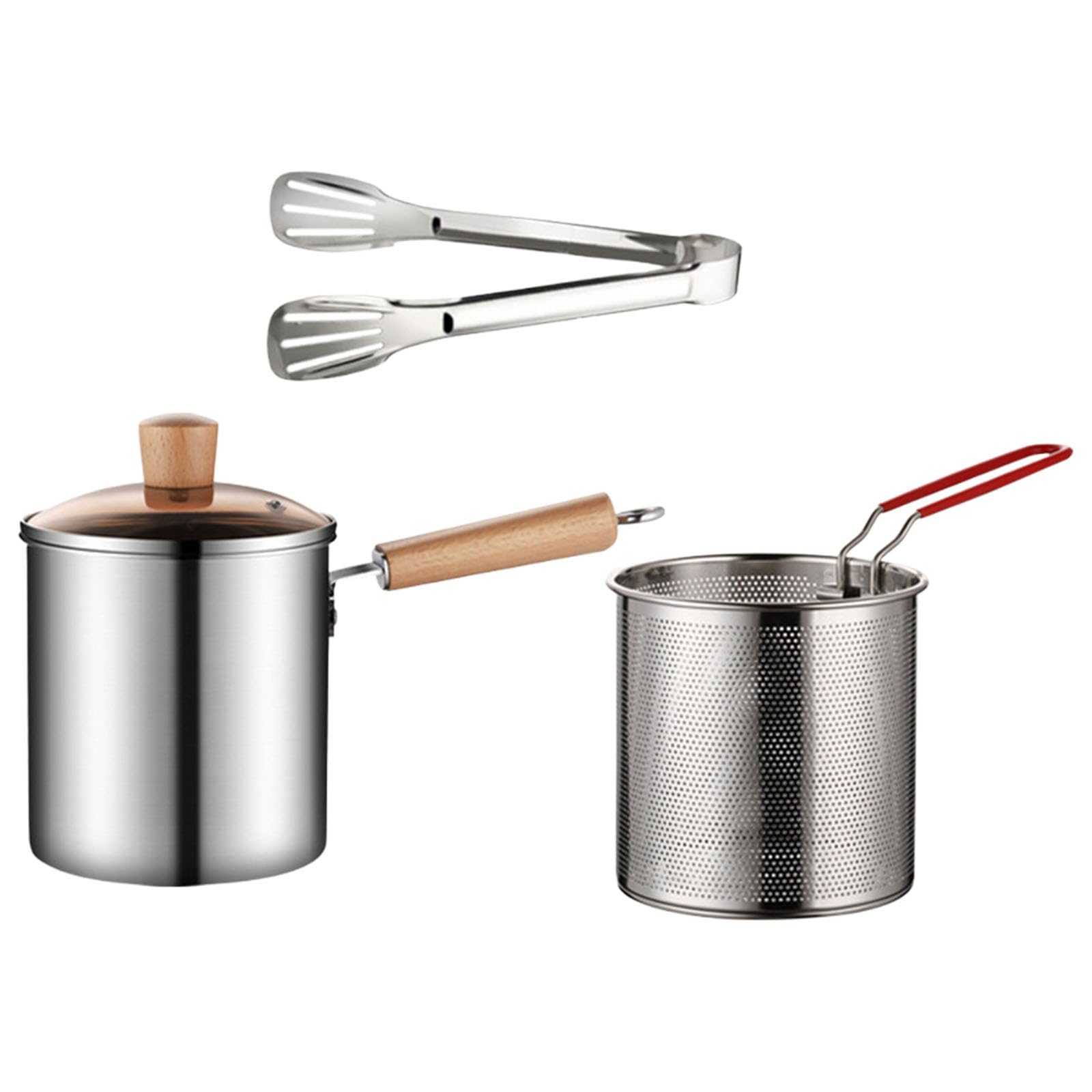 Buxuaaaa Multicolor Stainless Steel Deeply Fryers With Basket Wooden Handle Household Frying Pan Kitchen Cookware Cooking Pots Enduring Frying Baking Pastry Tool