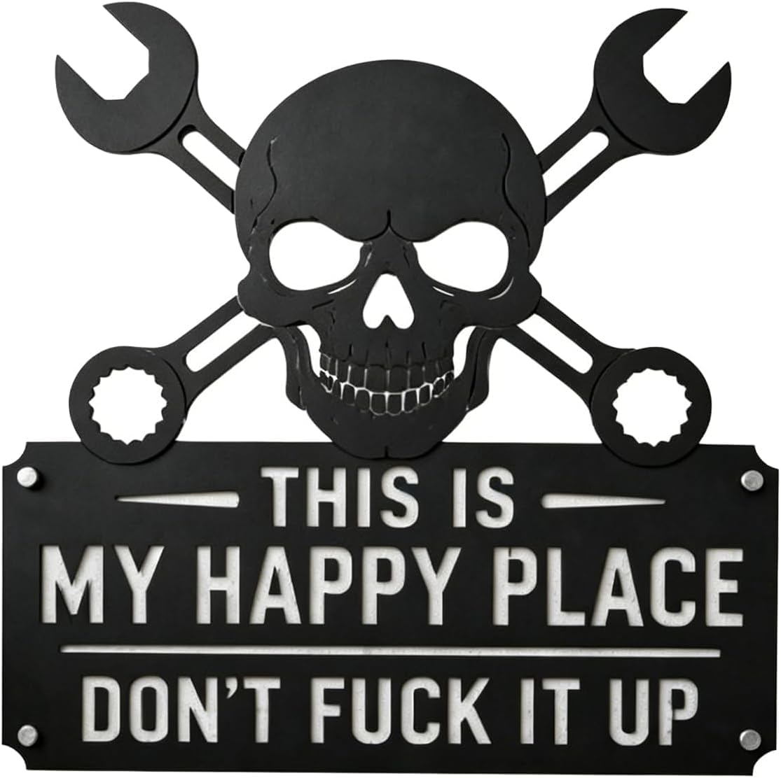 SANJSJHXJ Funny Garage Wall Art, 'This Is My Happy Place' Skull and Crossed Wrenches Tin Sign, Retro Hanging Plaque for Mechanic Workshop,8inch