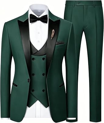Mens Suit Slim Fit 3 Piece Suit Blazer Vest Pants Sets with Bow Tie Handkercher Brooch for Men for Wedding Prom Party
