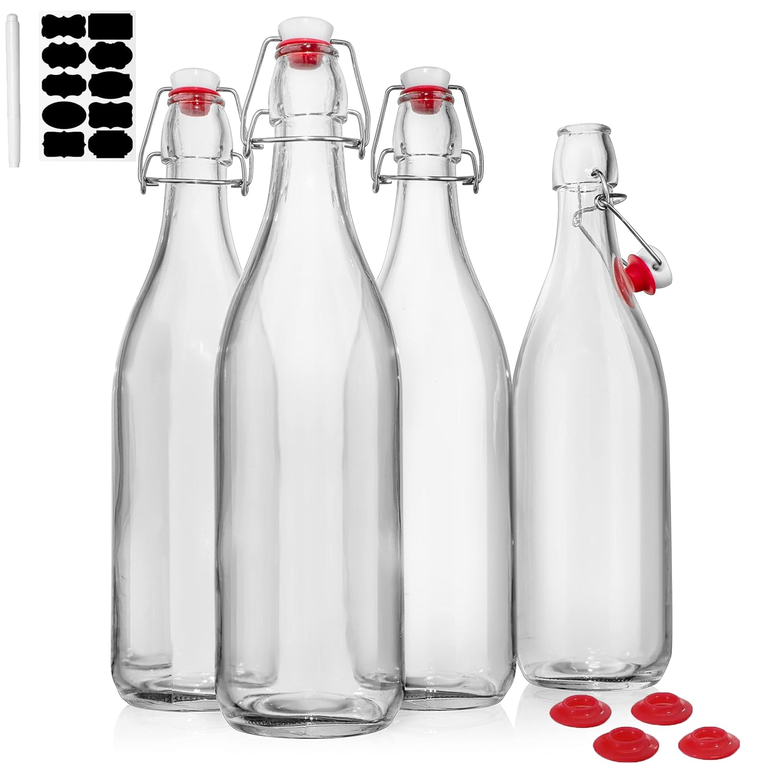 Botellas de Vidrio Transparente con Tapas Herméticas MEETOZ, Juego de 4 Botellas de 32 Onzas para Cerveza, Bebidas, Aceites, Kombucha, Kéfir, Preparación Casera